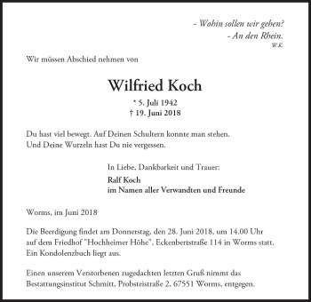 Traueranzeige von Wilfried Koch von Trauerportal Rhein Main Presse