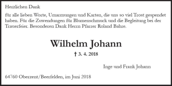 Traueranzeige von Wilhelm Johann von Trauerportal Rhein Main Presse