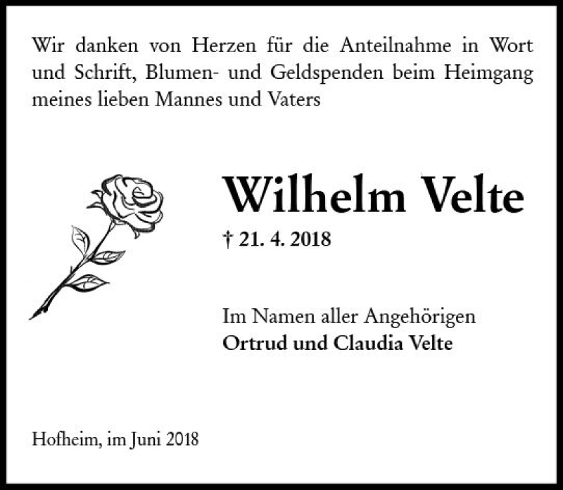  Traueranzeige für Wilhelm Velte vom 08.06.2018 aus Trauerportal Rhein Main Presse