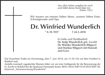 Traueranzeige von Winfried Wunderlich von Trauerportal Rhein Main Presse