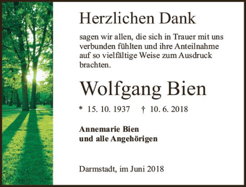  Traueranzeige für Wolfgang Bien vom 23.06.2018 aus Trauerportal Rhein Main Presse