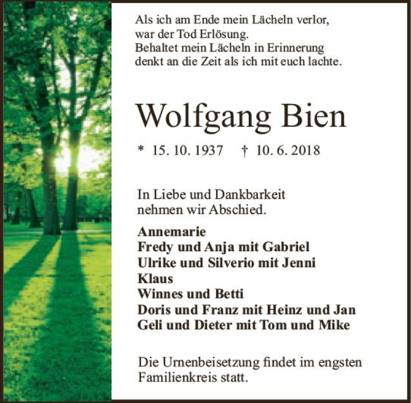 Traueranzeige für Wolfgang Bien vom 13.06.2018 aus Trauerportal Rhein Main Presse