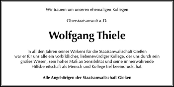 Traueranzeige von Wolfgang Thiele von  Gießener Anzeiger