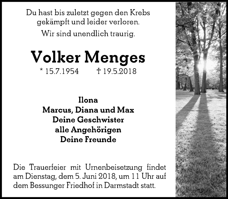  Traueranzeige für Volker Menges vom 01.06.2018 aus  Trauerportal Rhein Main Presse