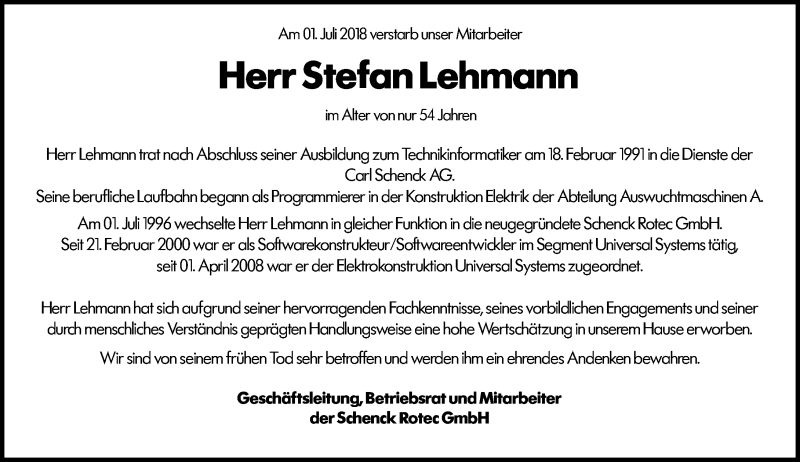  Traueranzeige für Stefan Lehmann vom 10.07.2018 aus vrm-trauer