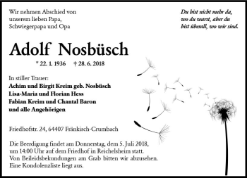 Traueranzeige von Adolf Nosbüsch von Trauerportal Rhein Main Presse