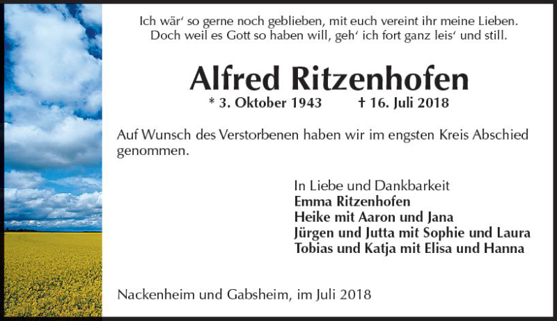  Traueranzeige für Alfred Ritzenhofen vom 21.07.2018 aus vrm-trauer
