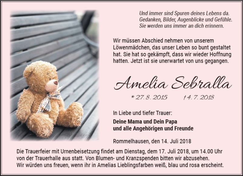  Traueranzeige für Amelia Sebralla vom 14.07.2018 aus  Kreisanzeiger