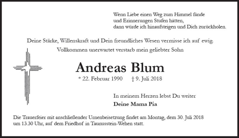  Traueranzeige für Andreas Blum vom 28.07.2018 aus vrm-trauer