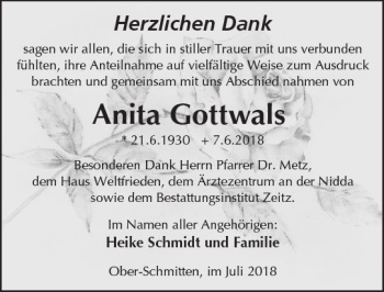 Traueranzeige von Anita Gottwals von  Kreisanzeiger