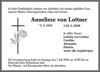 Traueranzeige von Anneliese  von Lottner von Trauerportal Rhein Main Presse