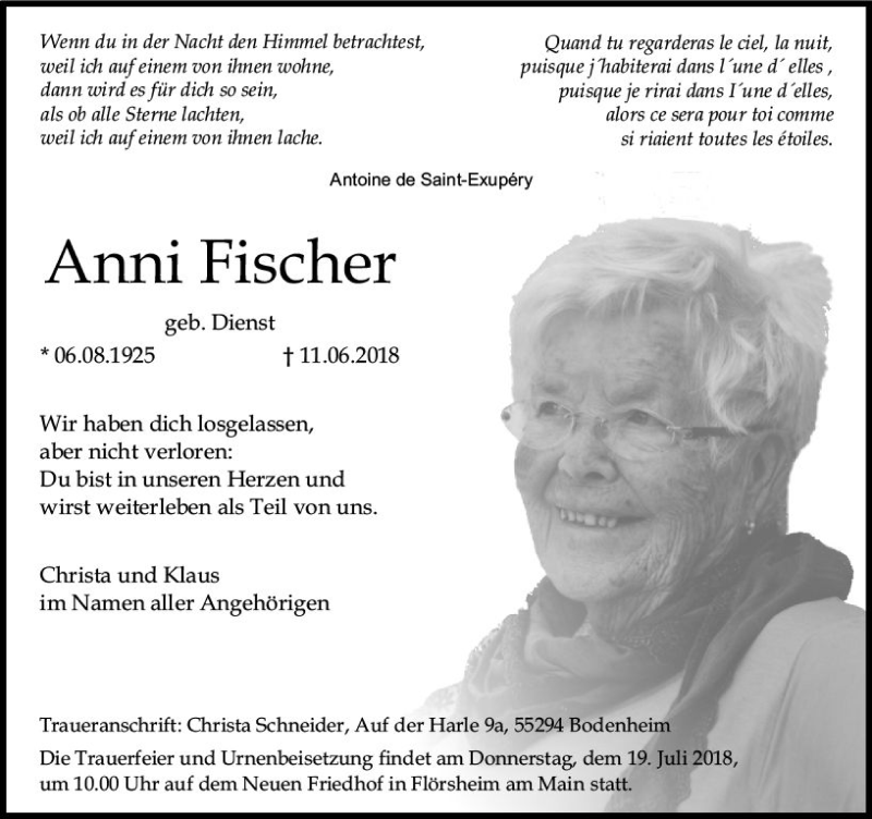  Traueranzeige für Anni Fischer vom 17.07.2018 aus vrm-trauer