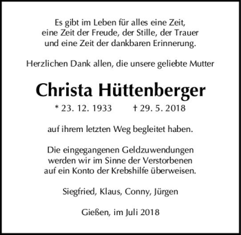 Traueranzeige von Christa Hüttenberger von  Gießener Anzeiger