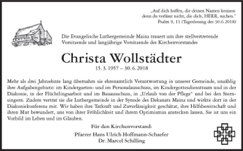 Traueranzeige von Christa Wollstädter von vrm-trauer