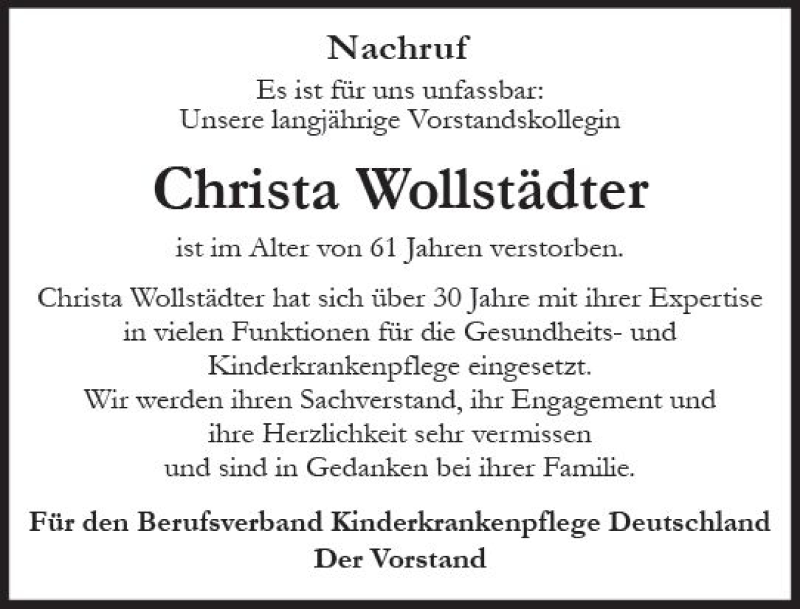  Traueranzeige für Christa Wollstädter vom 07.07.2018 aus vrm-trauer