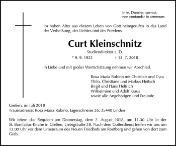 Traueranzeige von Curt Kleinschnitz von  Gießener Anzeiger