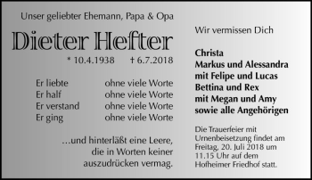 Traueranzeige von Dieter Hefter von vrm-trauer