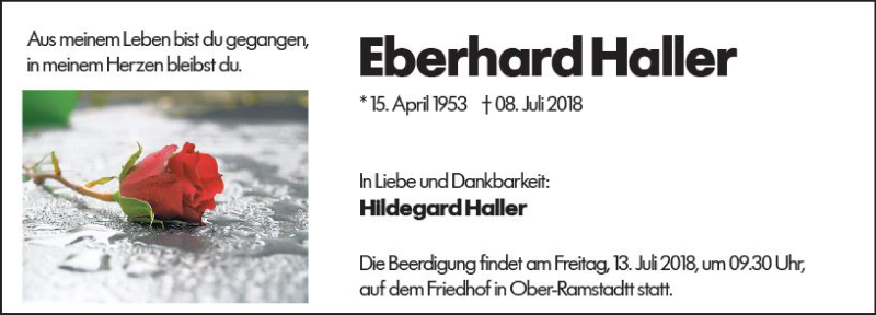  Traueranzeige für Eberhard Haller vom 11.07.2018 aus vrm-trauer