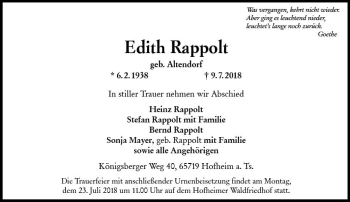 Traueranzeige von Edith Rappolt von vrm-trauer