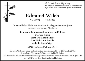 Traueranzeige von Edmund Walch von vrm-trauer