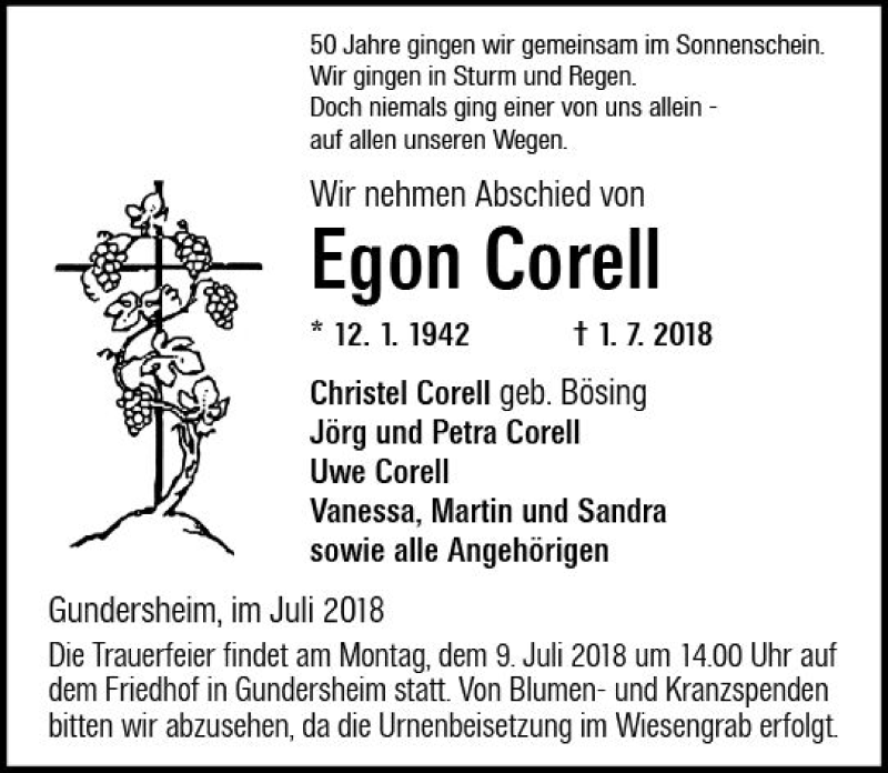  Traueranzeige für Egon Corell vom 05.07.2018 aus vrm-trauer