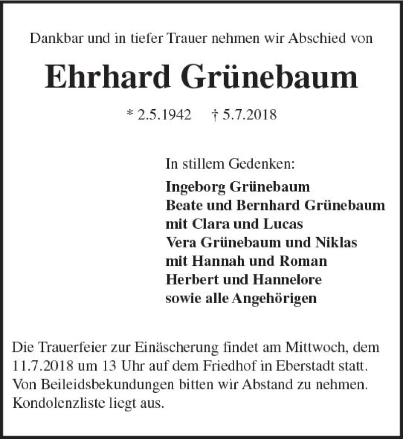  Traueranzeige für Ehrhard Grünebaum vom 09.07.2018 aus vrm-trauer
