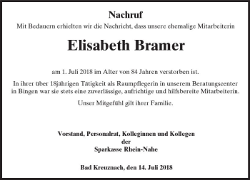 Traueranzeige von Elisabeth Bramer von vrm-trauer