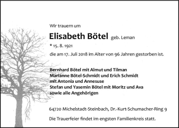 Traueranzeige von Elisabeth Bötel von vrm-trauer
