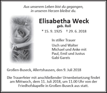 Traueranzeige von Elisabetha Weck von  Gießener Anzeiger