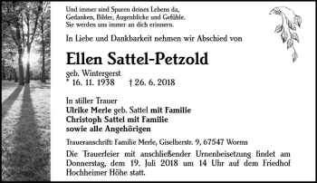 Traueranzeige von Ellen Sattel-Petzold von vrm-trauer