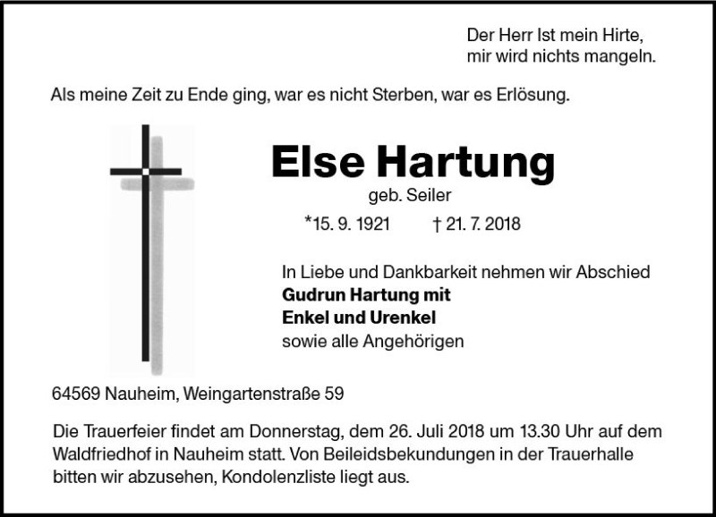  Traueranzeige für Else Hartung vom 24.07.2018 aus vrm-trauer