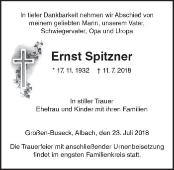 Traueranzeige von Ernst Spitzner von  Gießener Anzeiger
