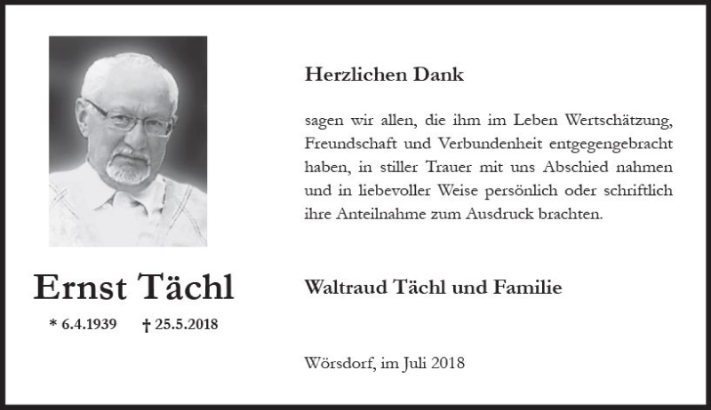  Traueranzeige für Ernst Tächl vom 14.07.2018 aus vrm-trauer