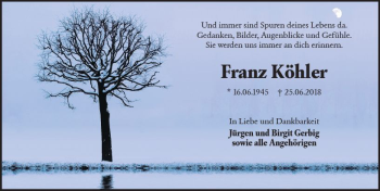 Traueranzeige von Franz Köhler von vrm-trauer