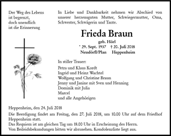 Traueranzeige von Frieda Braun von vrm-trauer