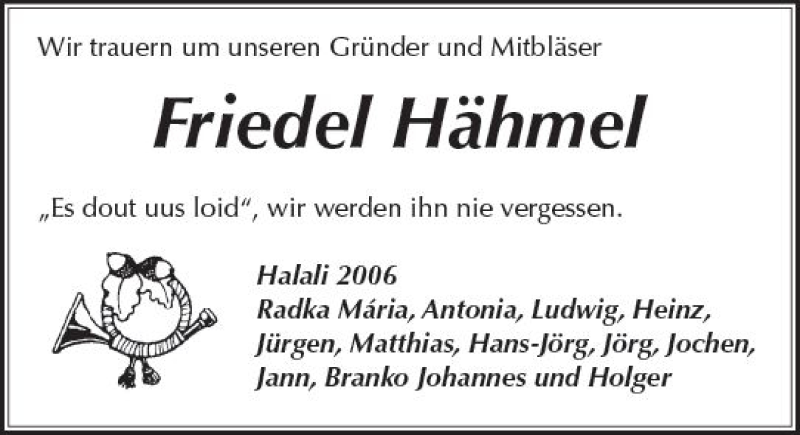  Traueranzeige für Friedel Hähmel vom 14.07.2018 aus  Kreisanzeiger