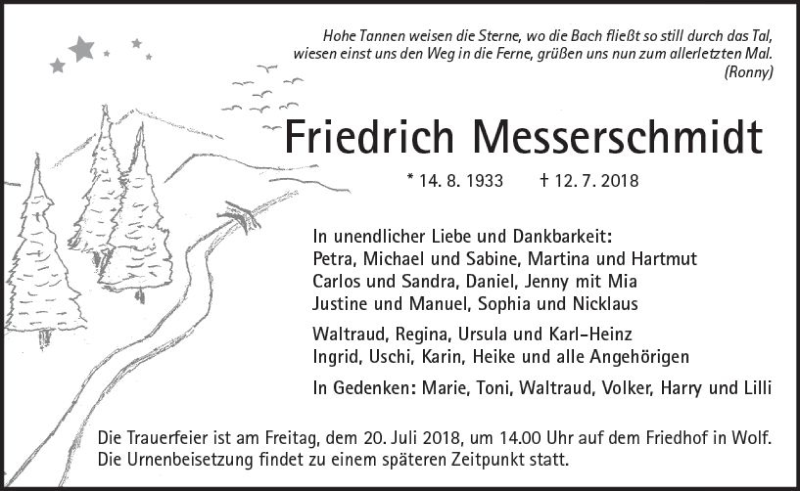  Traueranzeige für Friedrich Messerschmidt vom 18.07.2018 aus  Kreisanzeiger