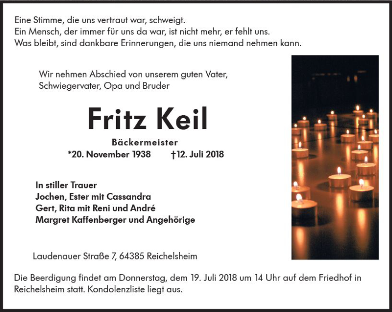  Traueranzeige für Fritz Keil vom 17.07.2018 aus vrm-trauer
