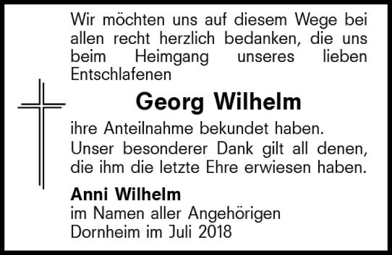 Traueranzeige für Georg Wilhelm vom 21.07.2018 aus vrm-trauer