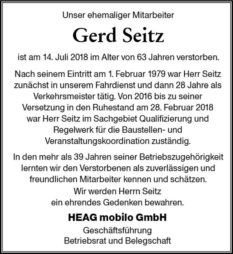  Traueranzeige für Gerd Seitz vom 21.07.2018 aus vrm-trauer