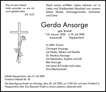Traueranzeige von Gerda Ansorge von vrm-trauer