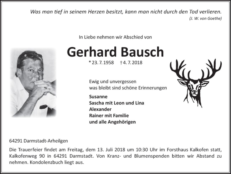  Traueranzeige für Gerhard Bausch vom 11.07.2018 aus vrm-trauer