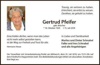 Traueranzeige von Gertrud Pfeifer von vrm-trauer