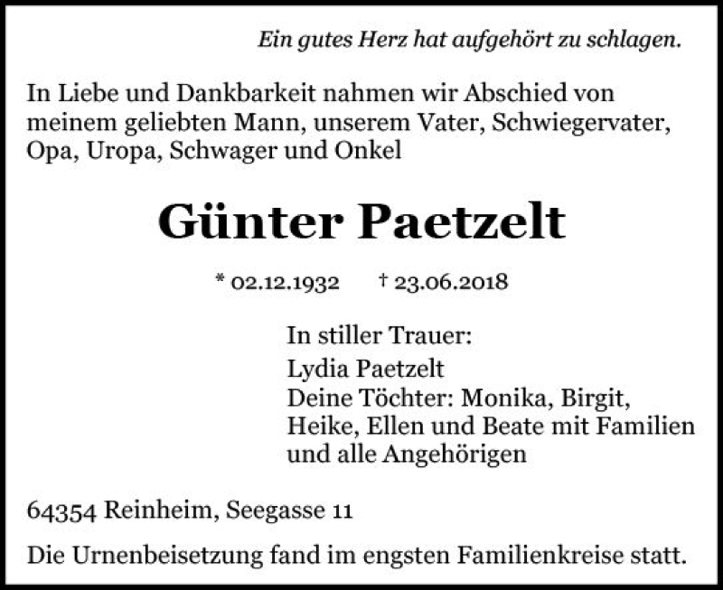  Traueranzeige für Günter Paetzelt vom 07.07.2018 aus vrm-trauer