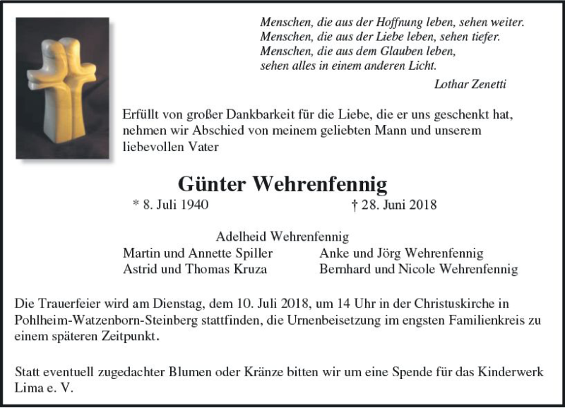  Traueranzeige für Günter Wehrenfennig vom 05.07.2018 aus  Gießener Anzeiger