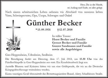 Traueranzeige von Günther Becker von vrm-trauer