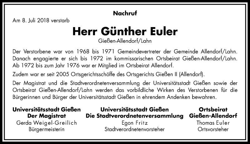  Traueranzeige für Günther Euler vom 10.07.2018 aus  Gießener Anzeiger