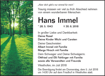 Traueranzeige von Hans Immel von Trauerportal Rhein Main Presse