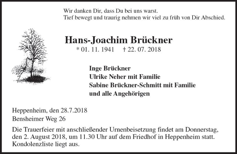  Traueranzeige für Hans-Joachim Brückner vom 28.07.2018 aus vrm-trauer
