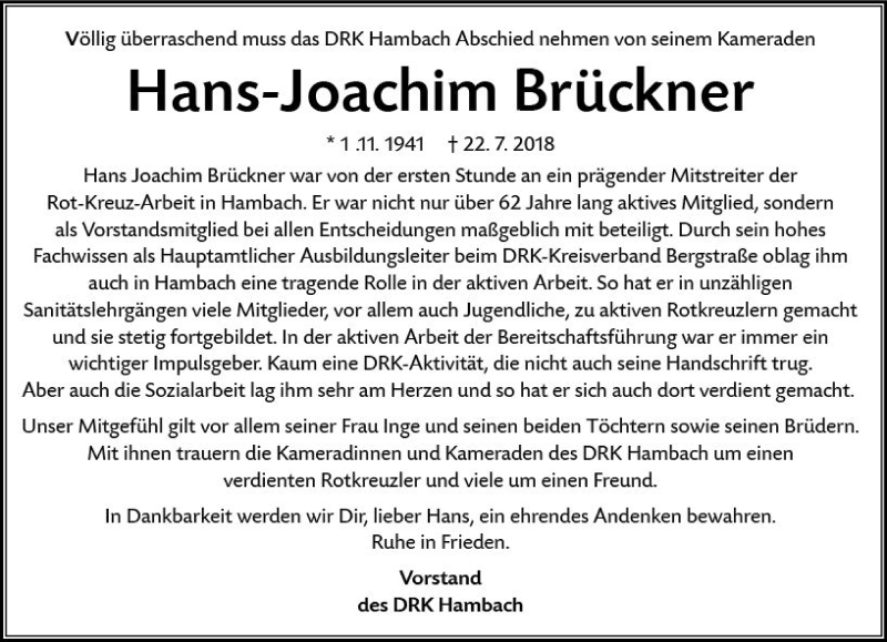  Traueranzeige für Hans-Joachim Brückner vom 28.07.2018 aus vrm-trauer